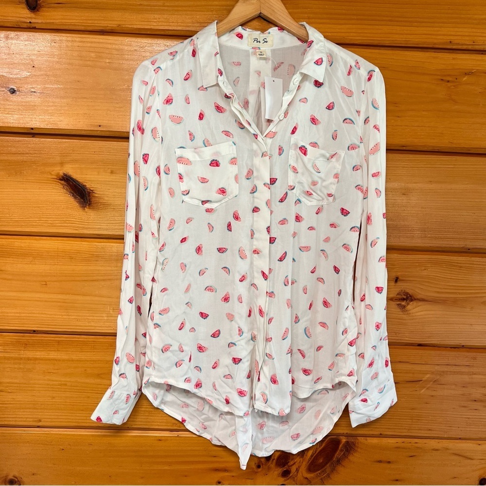 NWT White Blouse with Watermelon PrintLong Sleeve Button Down Split hem Top M